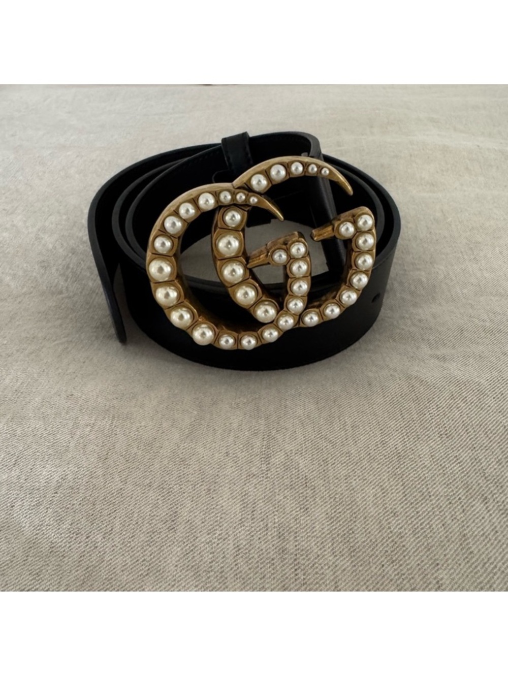 Gucci Black Leather Belt with Pearl-Studded Gold Double G Buckle